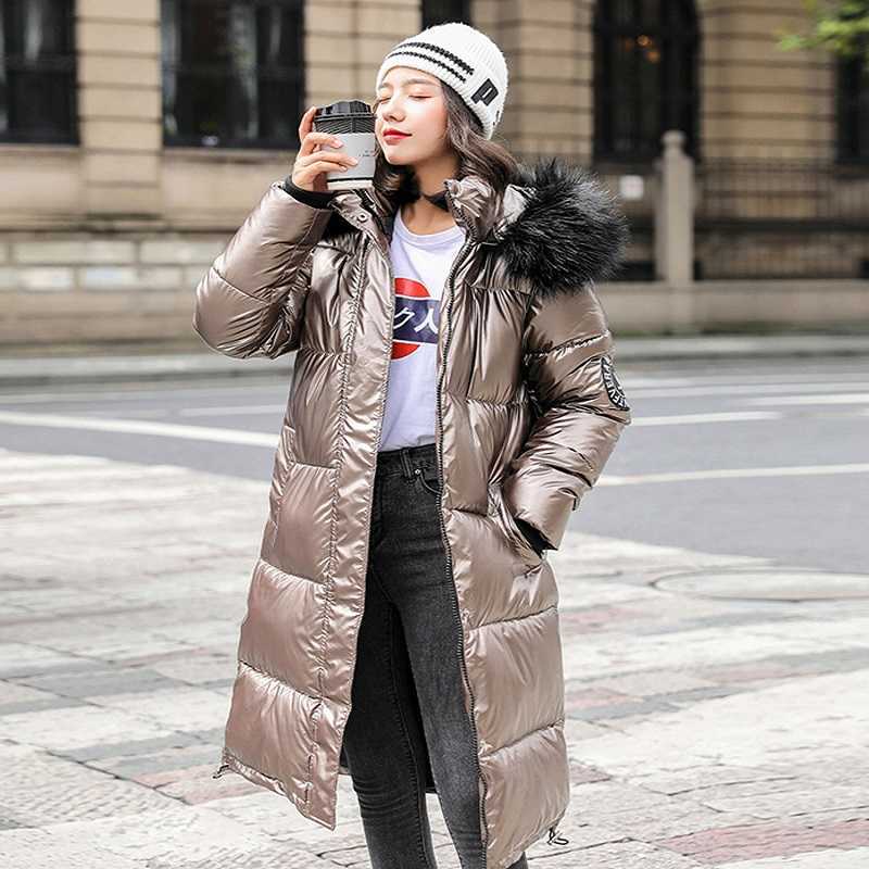 Women's Winter Fur Collar Hooded Long Over-The-Knee Coat Pu Bright Skin Is Thin Korean Down Parker Cotton Woman Jacket 211013