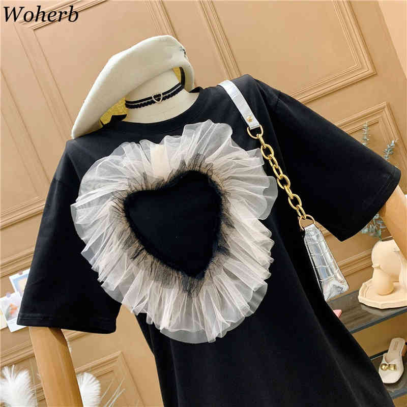 T-shirt Women's Short Sleeve Summer Tees Love Gauze Patchwork Basic Shirts Korean Loose O Neck Chic Tops Femme 4i450 210519