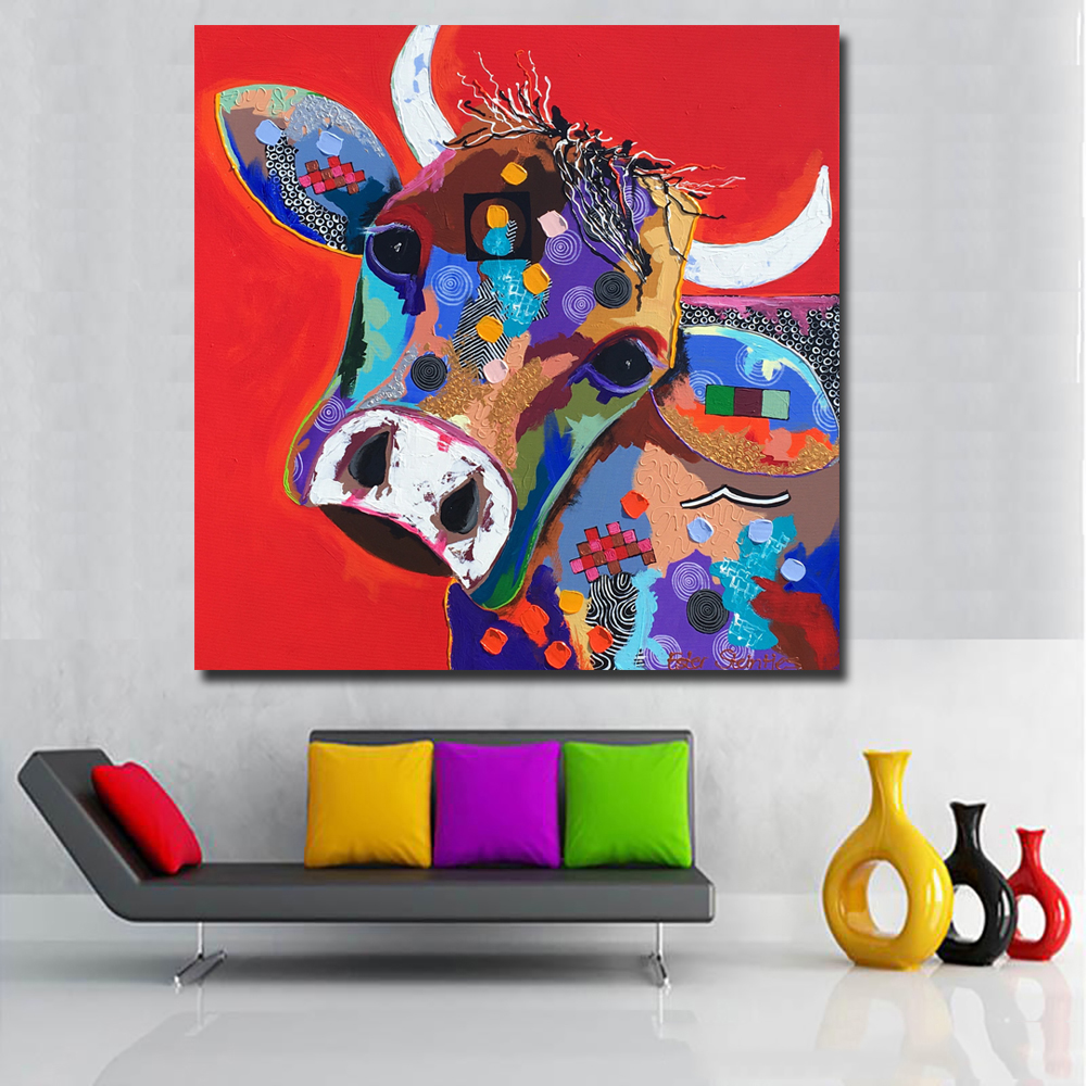 Cartoon Painted Large size printed Canvas Paintings red Cow Oil Paintings Modern Decoration Wall Art Living Room Decor Pictures