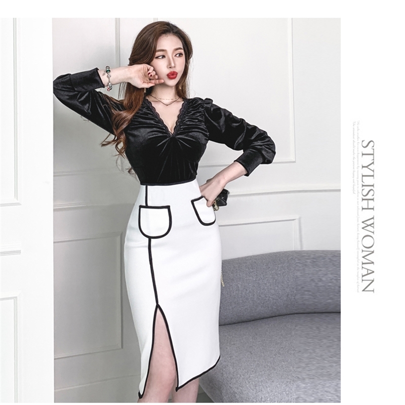 Spring Women 2 Pieces Set Office OL Sexy Black V-Neck Velvet Shirt Top + High Waist Bodycon Pencil Skirt Suit Work Wear 210519