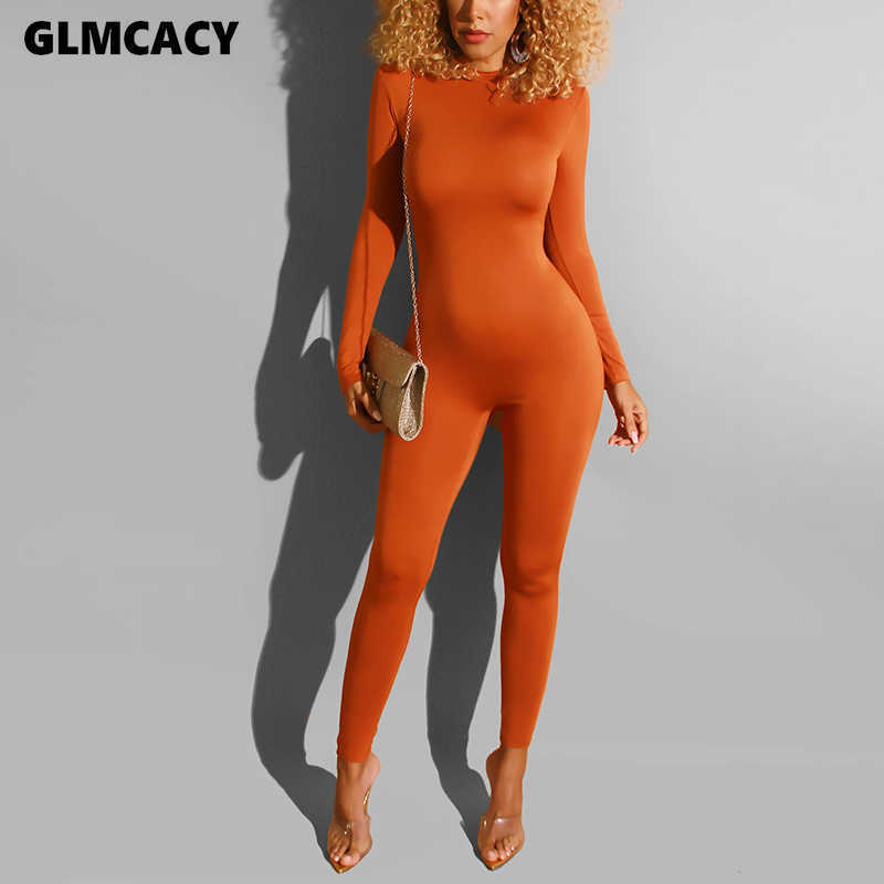 Women Long Sleeve Plunge V-neck Bodycon Jumpsuit Skinny Slim Fit Stretch Spring Fall Night Out Club Party Overall 210702
