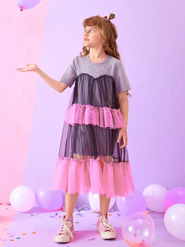 Girls Color Block Layered Hem 2 In 1 Dress SHE