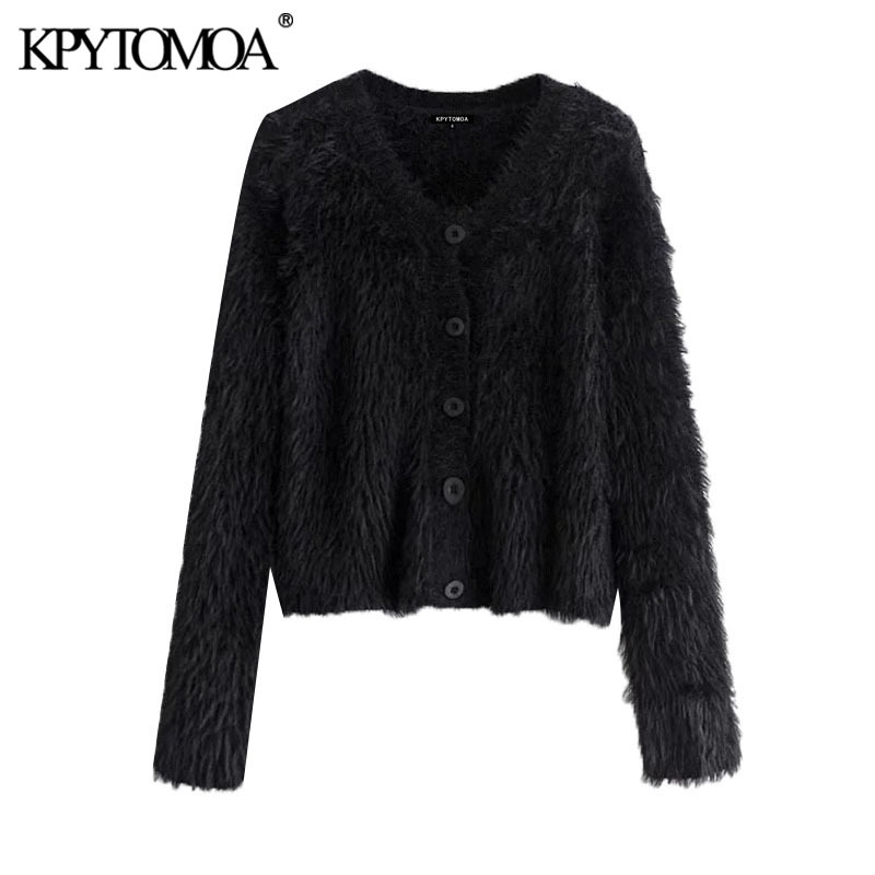 Women Fashion Faux Fur Soft Touch Cropped Knitted Cardigan Sweater Long Sleeve Female Pullovers Chic Tops 210420