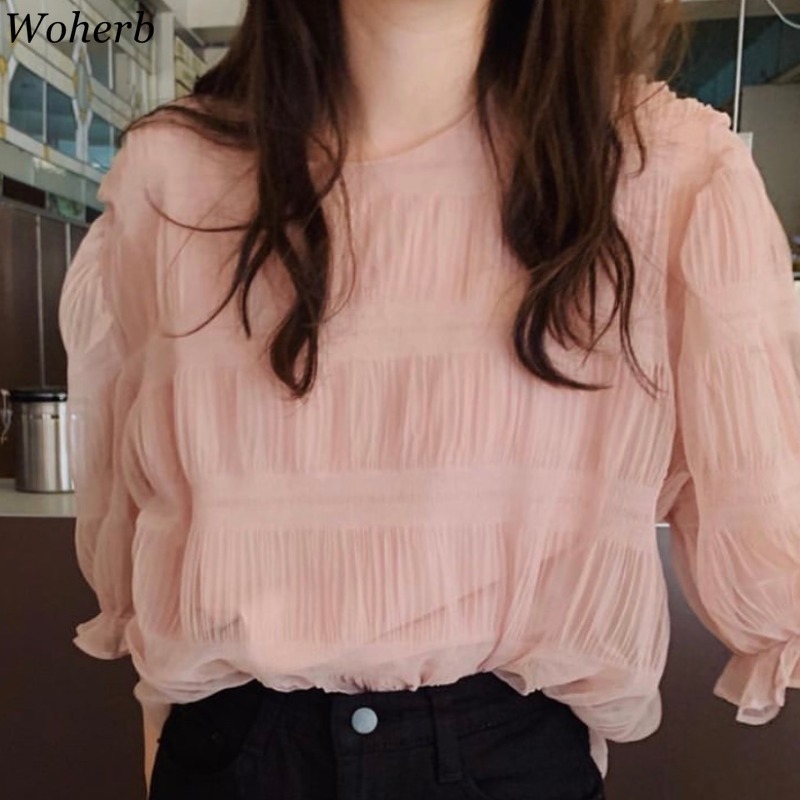 Elegant Thin Chiffon Blouse Women Summer See Through Top Pleated Transparent Puff Sleeve Shirt Casual Tops Blusas 210519