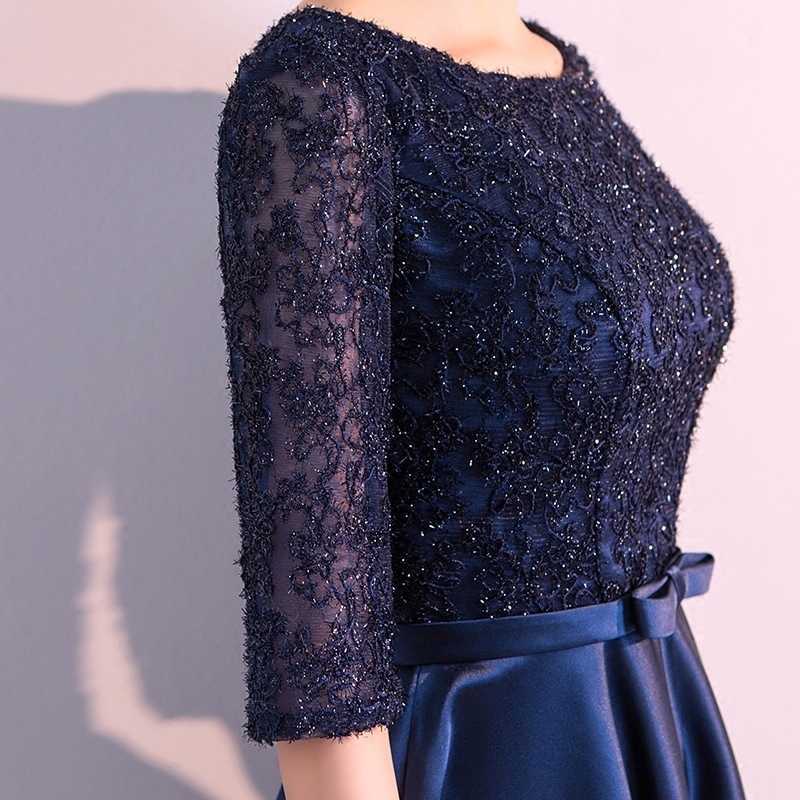 Dongcmy Long Formal Evening Dresses Elegant Lace Satin Navy Blue Vestidos Women Party Gown SH190827