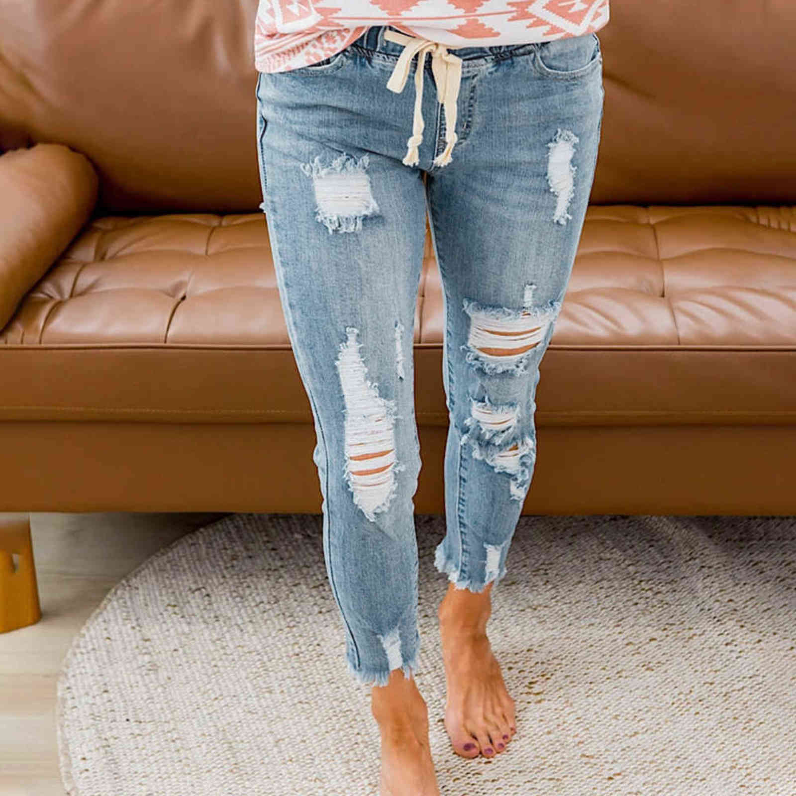 Lace-Up Ladies Pencil Pants Fashion Slim Women Ripped Skinny Jeans Denim Trousers Leggings Blue D30 211129