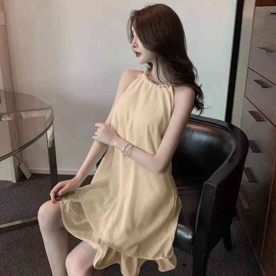 Free Summer Women's Tulle Dress Sexy O-neck Pearl Beaded Sleeveless A-line Club Party Mini Vestido 210524