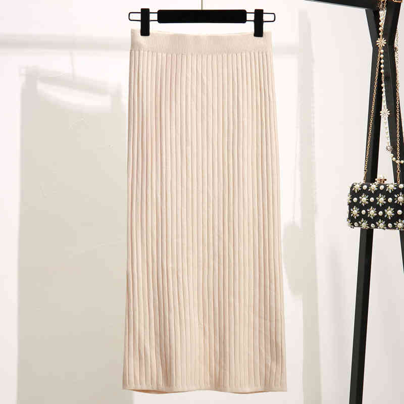 Solid Pleated Ladies Skirts Autumn Knitted Hip Women Office One-Step Winter Elastic High Waist Mid-Length 10369 210427