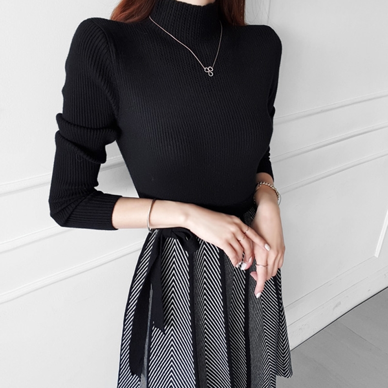 Autumn Winter Women Vintage Turtleneck Full Sleeve Geometry Patchwork Knitted Sweater Dress Chic Big Swing Vestidos 210520
