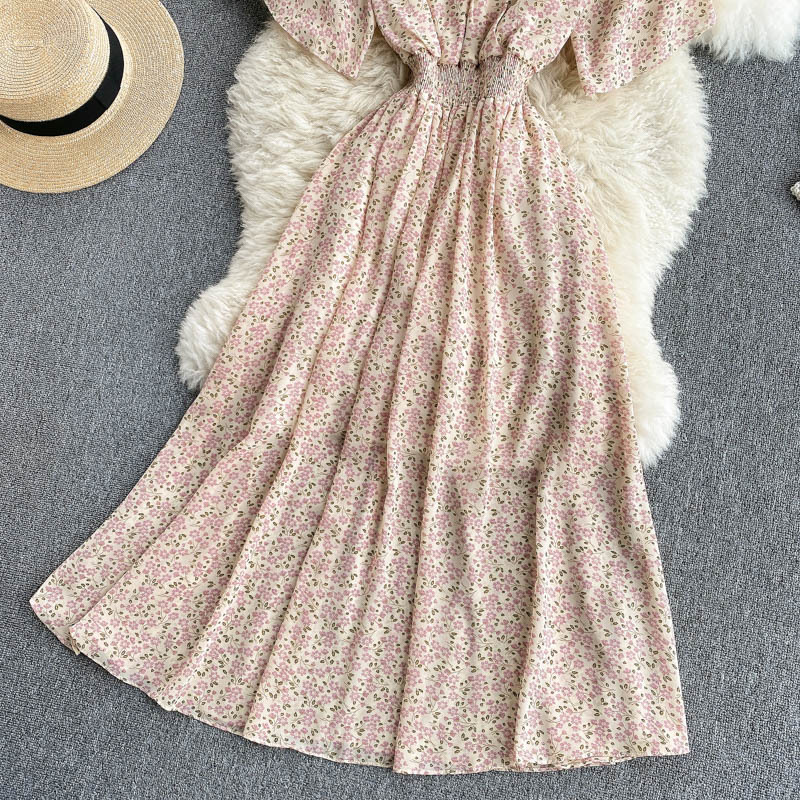 Elastic Ruched V Neck Short Sleeve A-line Dresses Summer Bohemian Print Beach Mididresses For Women French Floral Dress 210521