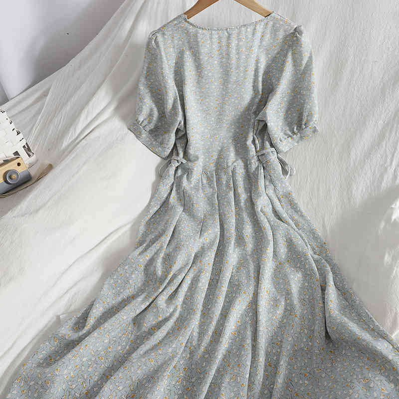 Fresh Sweet Korean Chic Slim Lace Up Elastic Waist Square Neck Puff Short Sleeve Chiffon Floral Print Dress Women Summer Gentle 210429
