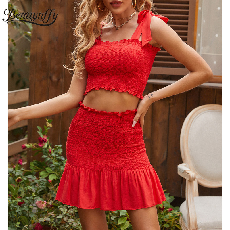 Bow Strap Frill Trim Crop Top with Ruffle Bodycon Mini Skirt Sets Women Fashion Street Two Piece Set Summer 210510