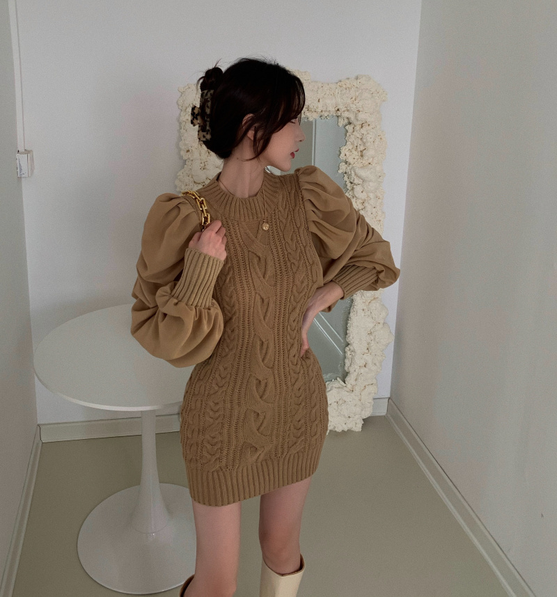 Retro Fall Winter Fashion Women Twist Knit Patchwork Puff sleeve Korean Elegant Chic Sweater Dress Robe Femme 210518
