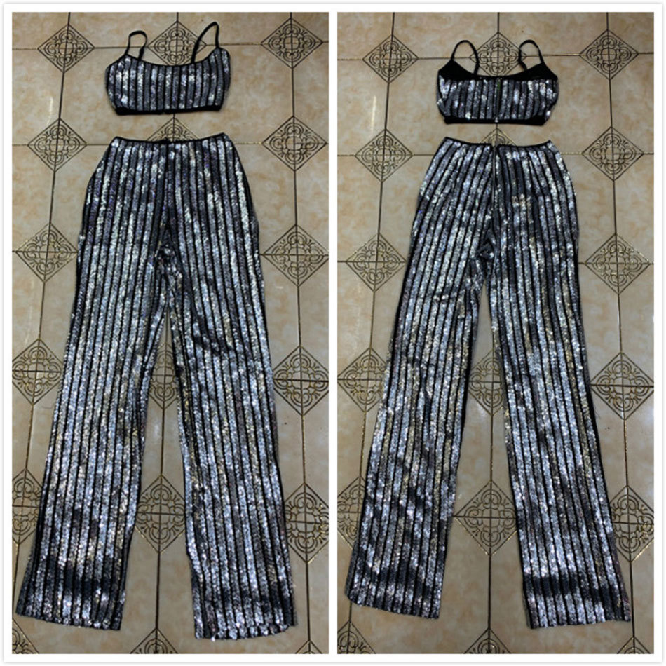Free Fashion Women's Suit Sequined Spaghetti Strap Sleeveless Short Tank Top & Pants 2 Two Piece Set 210524