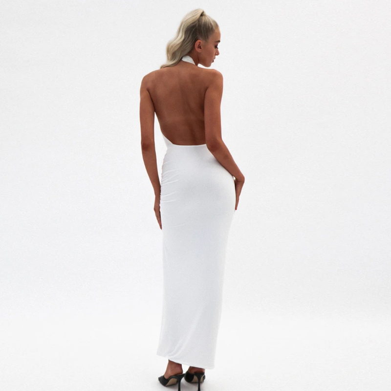 Summer Women White Halter Sleeveless Club Dress Sexy Hollow Out Backless Celebrity Evening Runway Party Midi Dresses 210423