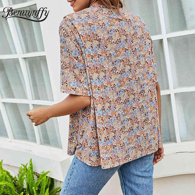 Crew Neck Floral Print Split Tops Blouses Summer Short Sleeve Loose Casual Boho Womens and 210510