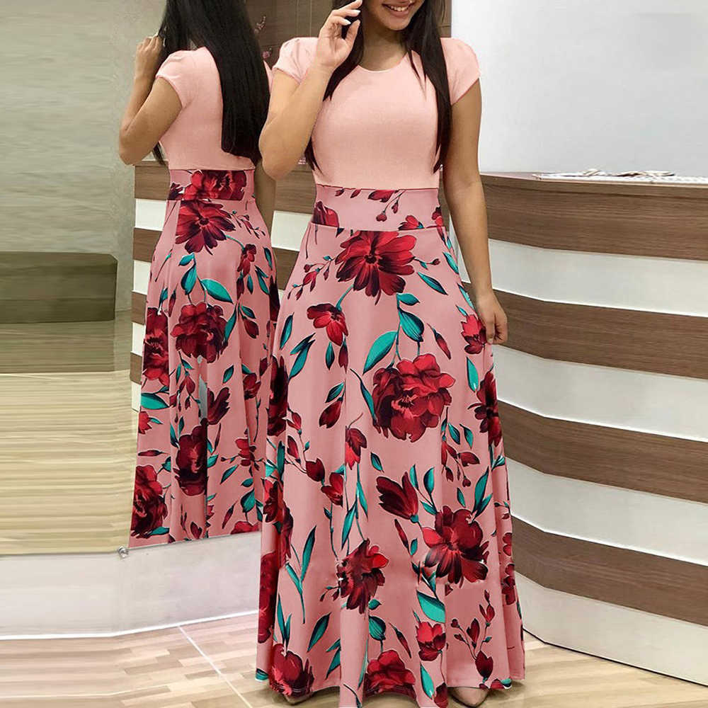 Women Summer Maxi Dresses Casual O Neck Short Sleeve Dot Floral Printed Patchwork Slim Party Long Dress Vestidos Plus Size S-5XL 210526