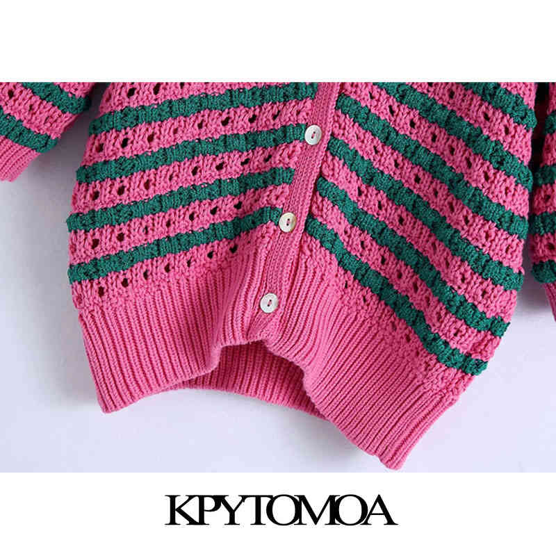 Women Fashion Striped Cropped Knitted Cardigan Sweater V Neck Short Sleeve Female Outerwear Chic Tops 210420