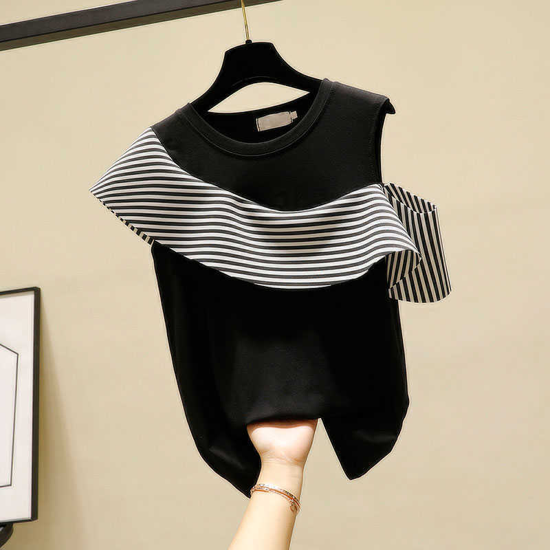 Off Shoulder Tops Women Korean-style Summer Wild Cotton Ladies Shirts Stripes Casual Fashion Female 210615