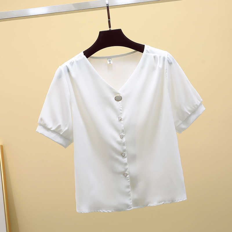 Korean Chiffon Blouse Simple V-neck Short Cardigan Shirts Women Summer Solid Sleeve Top Female Blusas 9881 210506