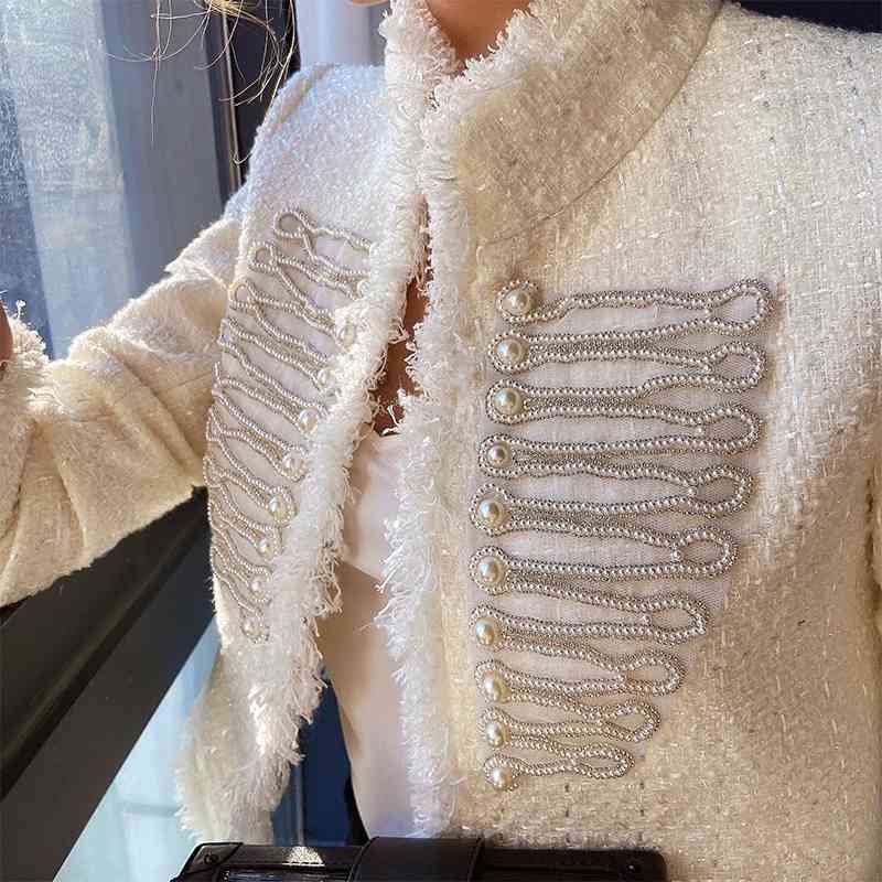 Dabuwawa Elegant Women Pearl Button Tweed Jacket Coat Long Sleeve Vintage Female Solid Outwear Coat Stand Collar DO1ASO004 210520