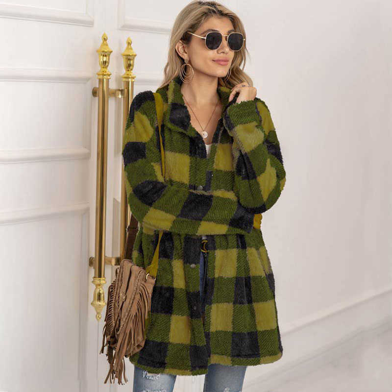 Autumn Long Faux Fur Coat Women Plaid Jacket Winter Coat Women Long Sleeve Fluffy Teddy Jacket Ladies Warm Plush Jacket Female 211019