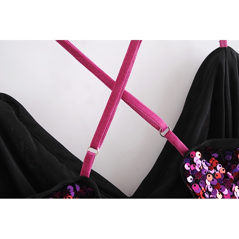 Sexy Pink Color Cross Spaghetti Strap Sequins Dress Women Short Sling Backless Slit Party Dresses 210429