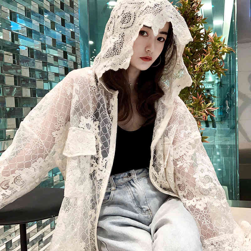 Summer Mesh Lace Embroidery Coat Sun Protection Shirt Seaside Vacation Lace-up Long Cardigan Hooded Women Zip 210506