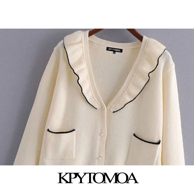 Women Sweet Fashion Ruffled Cropped Knitted Cardigan Sweater Long Sleeve Pocket Female Outerwear Chic Tops 210420