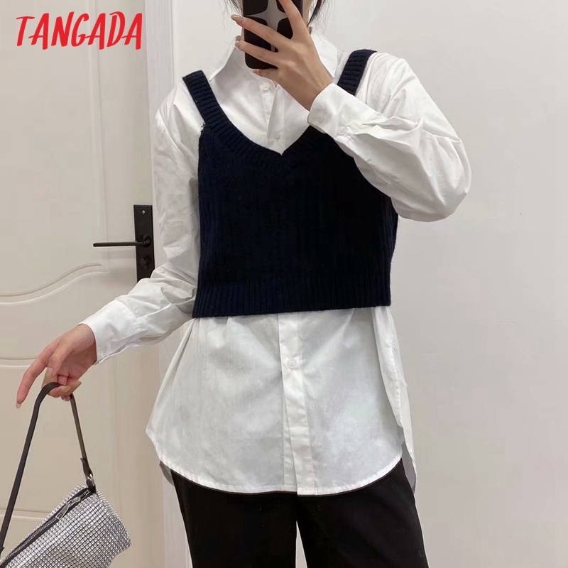 Women White 2 Piece With Knit Camis Long Sleeve Chic Female Casual Shirt 5B16 210416