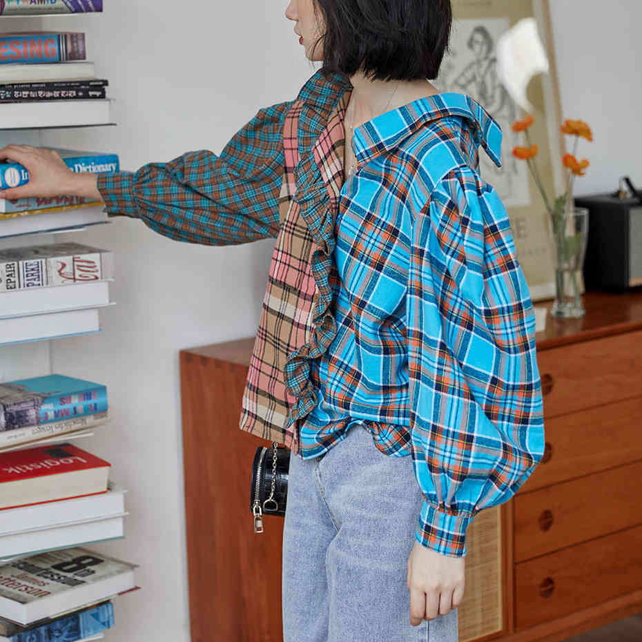 QoerliN Fall Contrast Color Plaid Shirt Women Retro Loose Casual Elegant Ruffles Blouse Ladies Shirt Fashion Lantern Sleeve Tops 210412