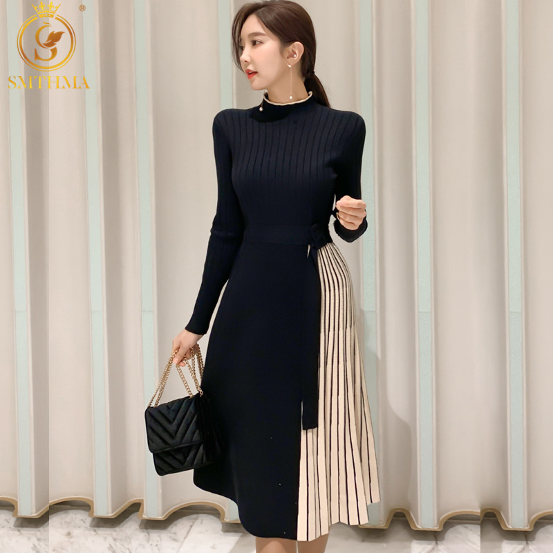 Fashion Knitted Sweater Dress Women Long Sleeves Waistband Middle Pleated Ladies Office A-Line Vestido Da Festa 210520