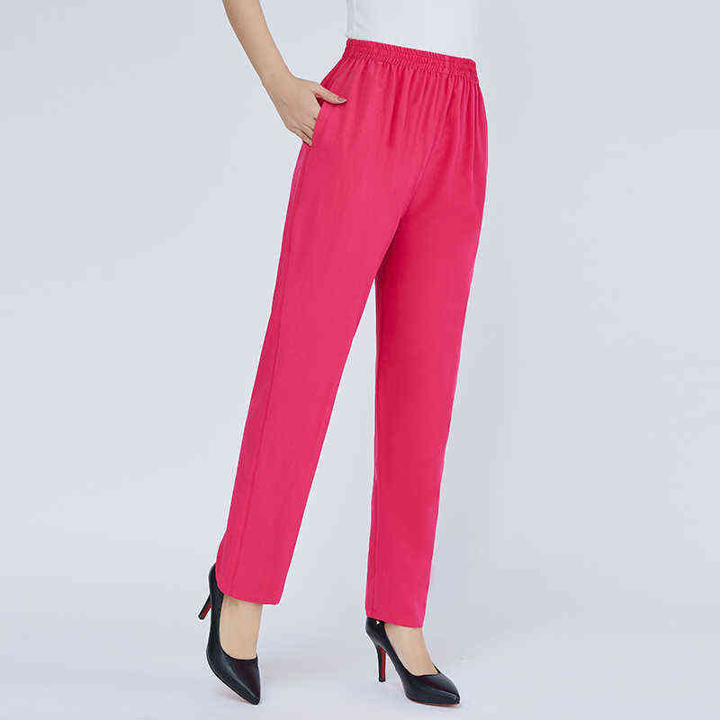 Summer Straight Pants Vintage Middle-aged Women Solid Color Thin Loose Ankle-Length Trousers Elastic Waist Casual White 211115