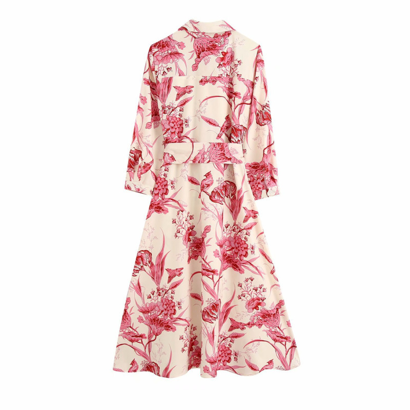 Spring Women Vintage Loose High Waist Slim Was Thin Elegant Flowers Printing Single-breasted Maxi Dress ZA5970 210427