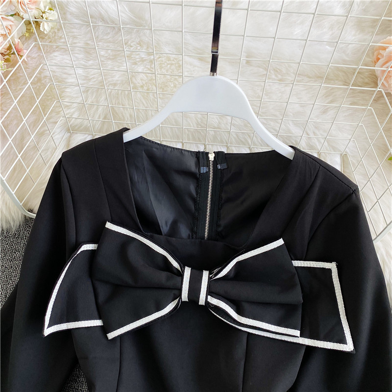 Kimutomo Elegant Lace Patchwork Women Blouses Shirt Fashion Ruffles French Style Square Collar Bow Long Sleeve Short Tops 210521