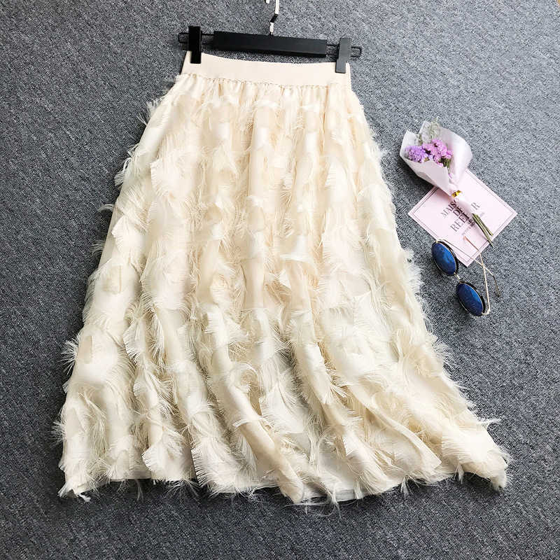 Spring Women Pleated Skirts Fashion Feather tassel High Waisted Elastic Casual Party Skirt 210607