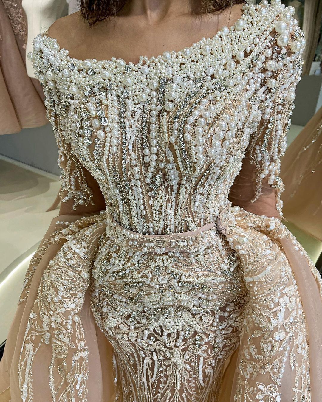 Luxury Pearls Mermaid Wedding Dresses with Overskirt Beading Full Perals Off Shoulder Long Sleeve Bridal Gowns Elegant Wedding Dress robes de mariée