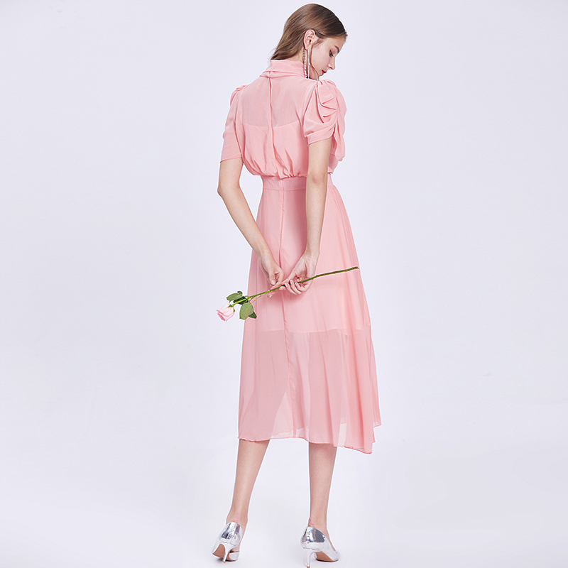 Vintage Elegant Bowknot Collar Pink Summer Chiffon Pleated Midi Long Dress Retro Office Lady Work with Button 210506