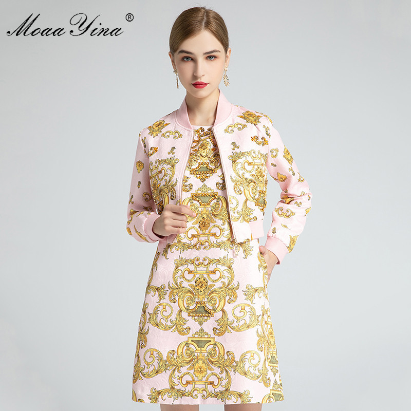 Fashion Designer Set Spring Women's Long sleeve Short jacket Tops+Beaded Baroque Print dress Two-piece suit 210524, Pink
Fashion Designer Set Spring Women's Long sleeve Short jacket Tops+Beaded Baroque Print dress Two-piece suit 210524, Pink