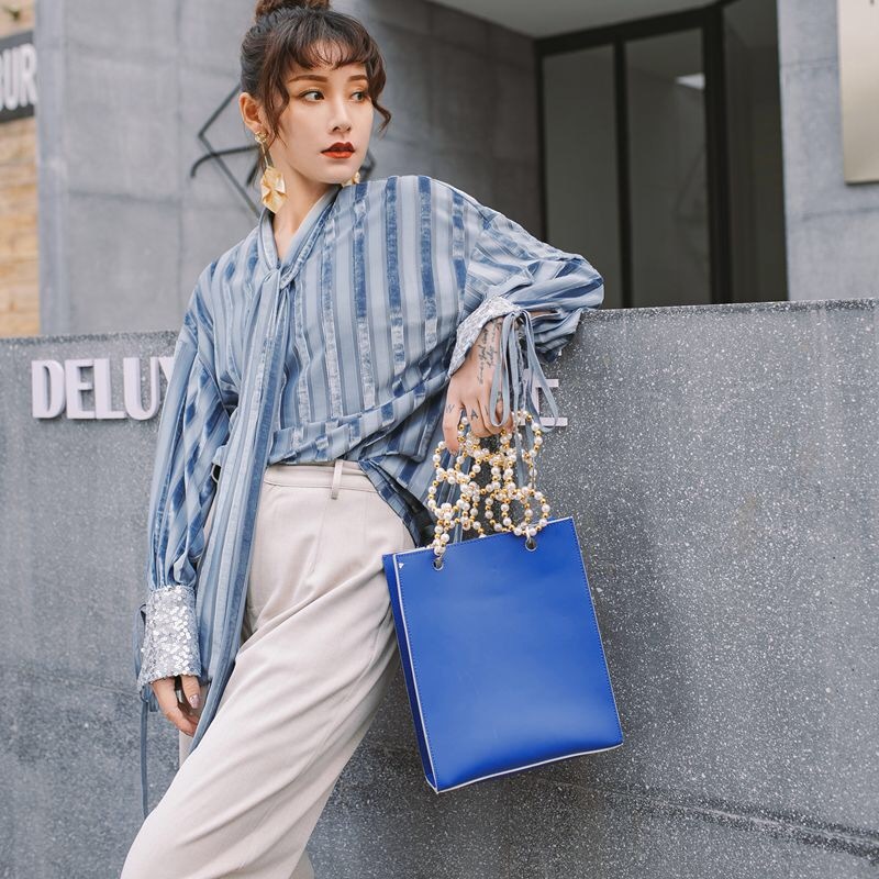 women striped big size blouse sequined long sleeve lace up bow loose pluse shirt fashion spring summer 210421