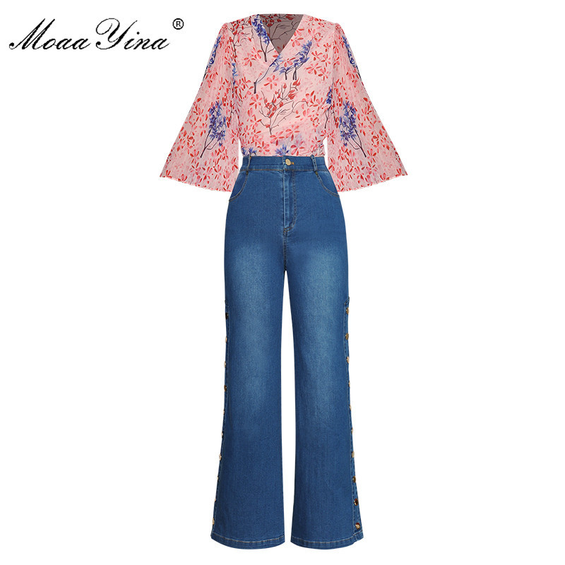 Fashion Designer Suit Spring Autumn Women V-neck Pleated Print Tops+jeans Two-piece set 210524, Multi
Fashion Designer Suit Spring Autumn Women V-neck Pleated Print Tops+jeans Two-piece set 210524, Multi