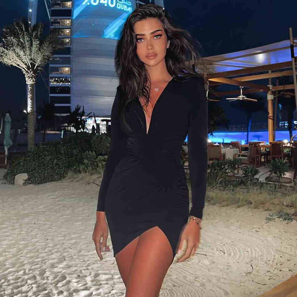 Summer Women's Club Party Tight Dress Sexy V-neck Long Sleeve Draped Fashion White Mini Celebrity Runway 210525