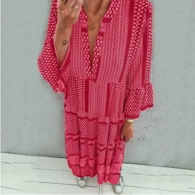 Women Dress V Neck Flare Sleeve Printed Bohemia es Long Print Floral Maxi Loose Leisure Beach Summer es 210513