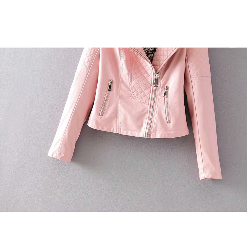Dia Shape Slim PU Leather Motorcycle Jacket For Women - Trendy Pink, Black, And Wine Red
