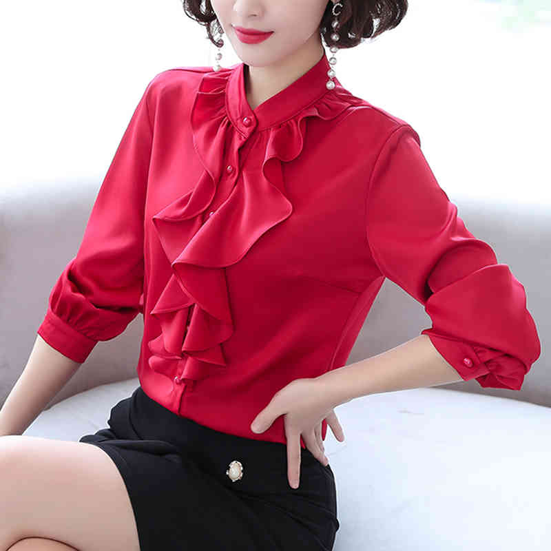 Women White Silver Tops Blouses Long Sleeve Womens Work Ruffle Shirts Stand Collar Slim Waist Office Ladies Camisa 2032A 210420