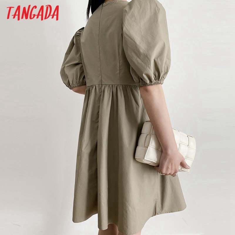 Women Khaki Summer O Neck Puff Short Sleeve Back Zipper Ladies Mini Dress Vestidos AI44 210416
