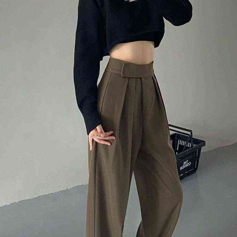 HOUZHOU Brown Wide Leg Women's Classic Suit Pants Vintage Palazzo Office Elegant Casual Balck Trousers Female High Wasit 211115