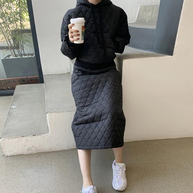 Loose Retro Diamond Cotton Dress A-Line Skirts Winter Chic Hooded Pullover Parkas Skirt Suit Street Sets 210510