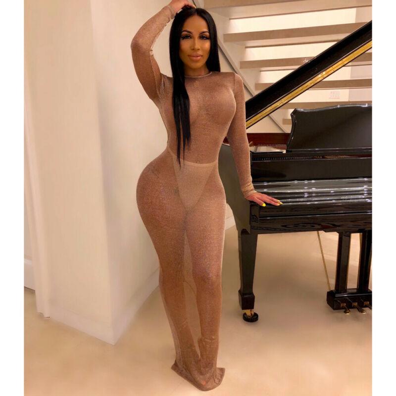 Women Sexy Club Seee-through Maxi Dress Long Sleeve Bodycon Evening Party Casual Dresses