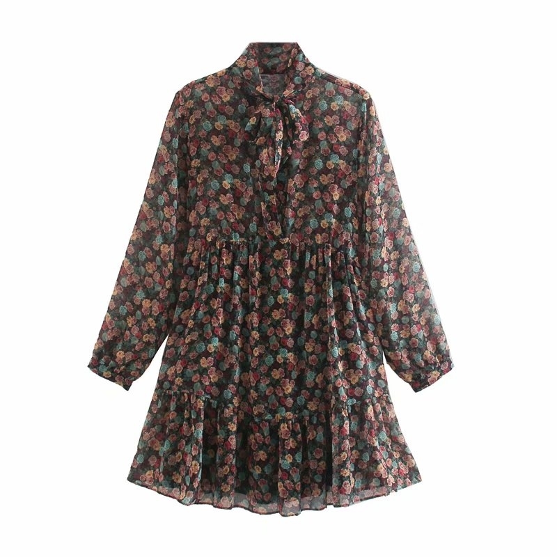 fashion bow collar women dresses summer sweet flower print ladies female knee-length girls chic 210430